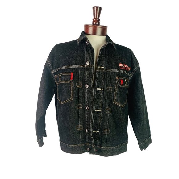 Medium U.S. Polo Association Men's Black Embroidered Jean Jacket 100% Cotton - Picture 1 of 9